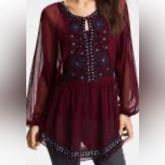 Free People Embellished Sheer Peasant Tunic. 
Burgundy/Navy. Size SP - Picture 1 of 10